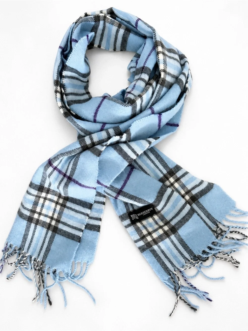Vintage Burberrys London Light Blue Nova Check Fringe Scarf